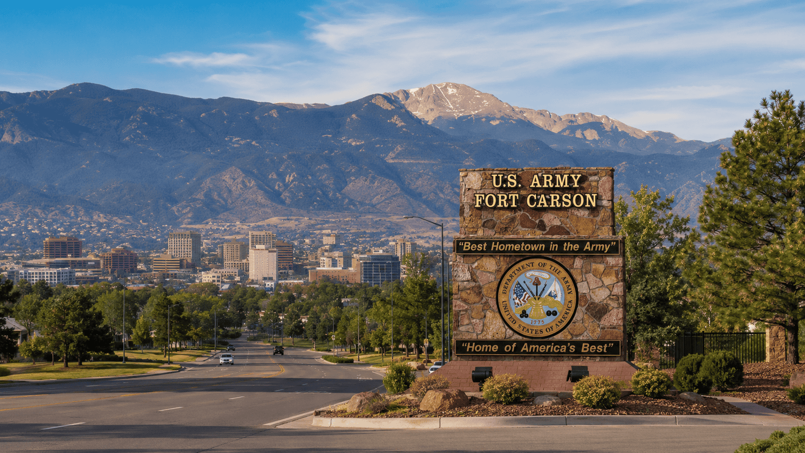 Fort Carson entrance with Colorado Springs mountain views, served by Bianca Hill of Next Season Homes