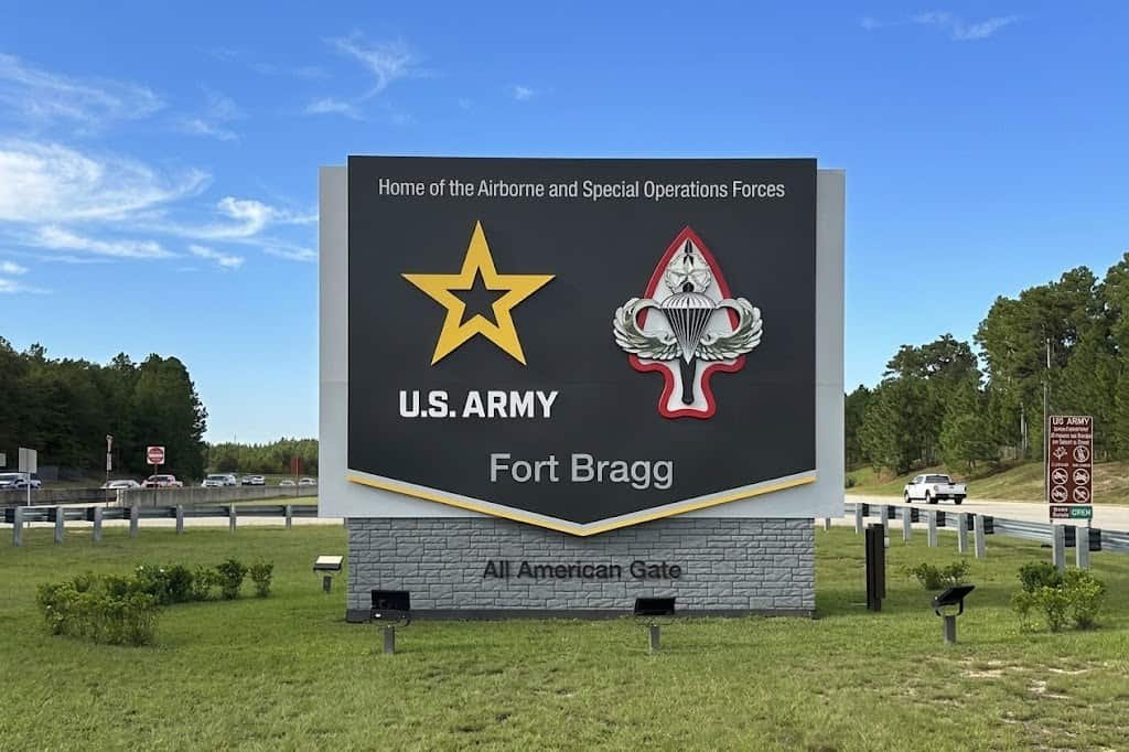 U.S. Army Fort Bragg entrance sign in North Carolina, served by the Next Season Homes military real estate team
