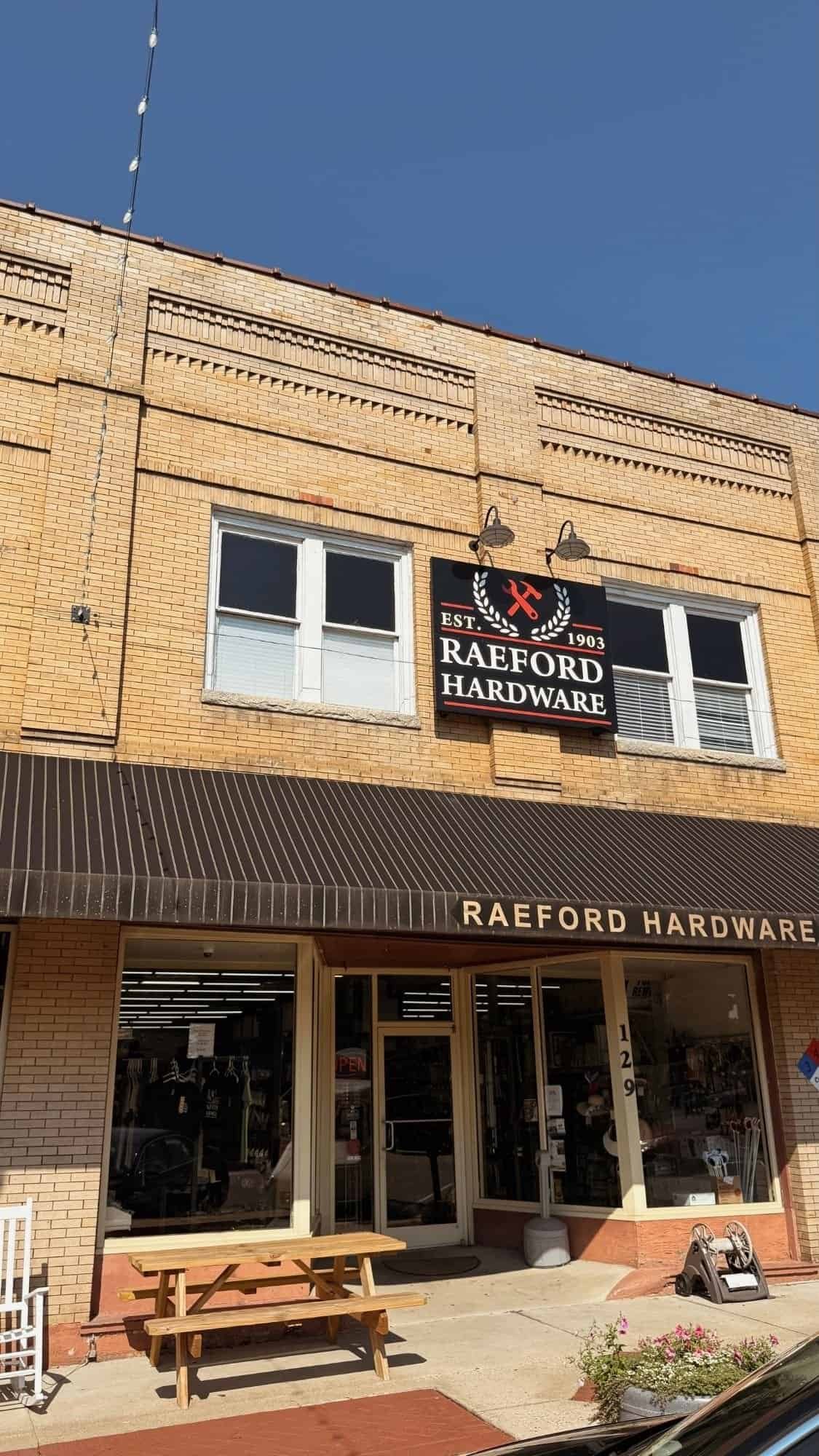 Raeford Hardware storefront in downtown Raeford NC near Fort Bragg