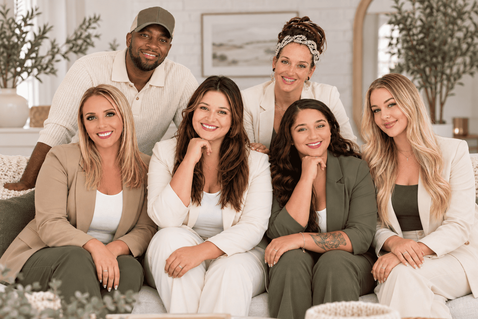 The Next Season Homes team, led by Bianca Hill, REALTOR®, gathered on a couch in a bright living room